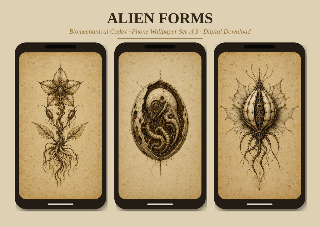 Alien Forms Phone Wallpaper Bundle | Biomechanical Codex Lock Screen | Dark Academia Digital Download