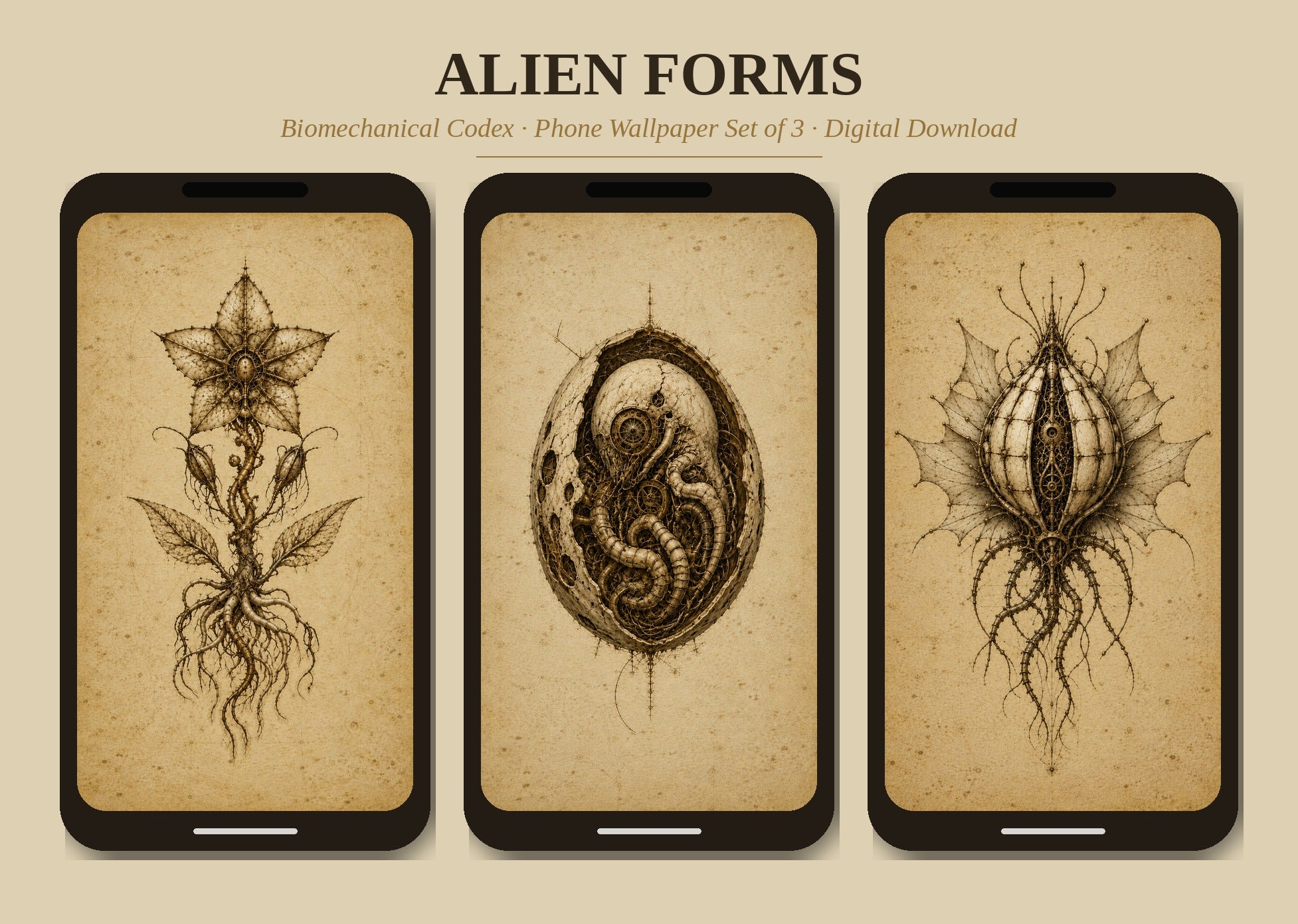 Alien Forms Phone Wallpaper Bundle | Biomechanical Codex Lock Screen | Dark Academia Digital Download
