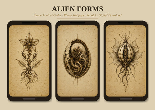 Alien Forms Phone Wallpaper Bundle | Biomechanical Codex Lock Screen | Dark Academia Digital Download