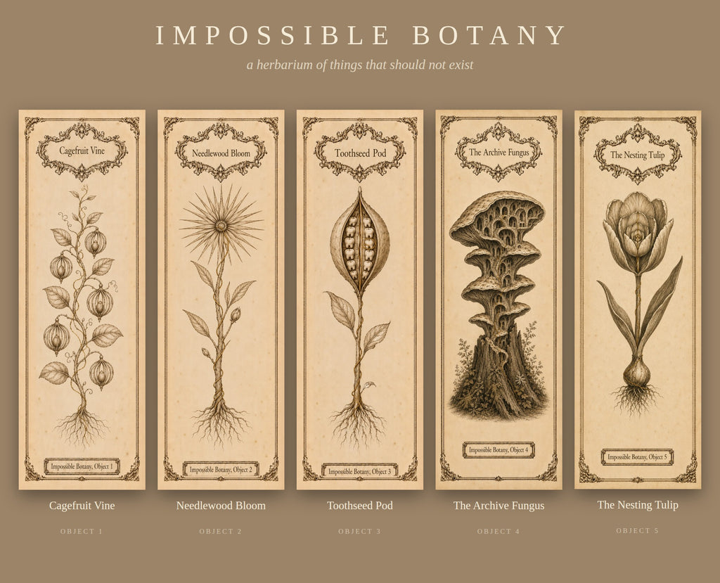 Impossible Botany Bookmark Set of 5 | Dark Academia Botanical Specimen Bookmarks | Cabinet of Curiosities | Book Lover Gift