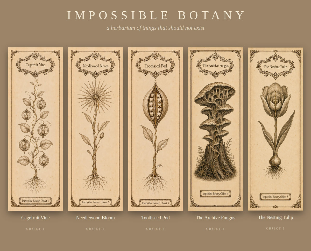 Impossible Botany Bookmark Set of 5 | Dark Academia Botanical Specimen Bookmarks | Cabinet of Curiosities | Book Lover Gift