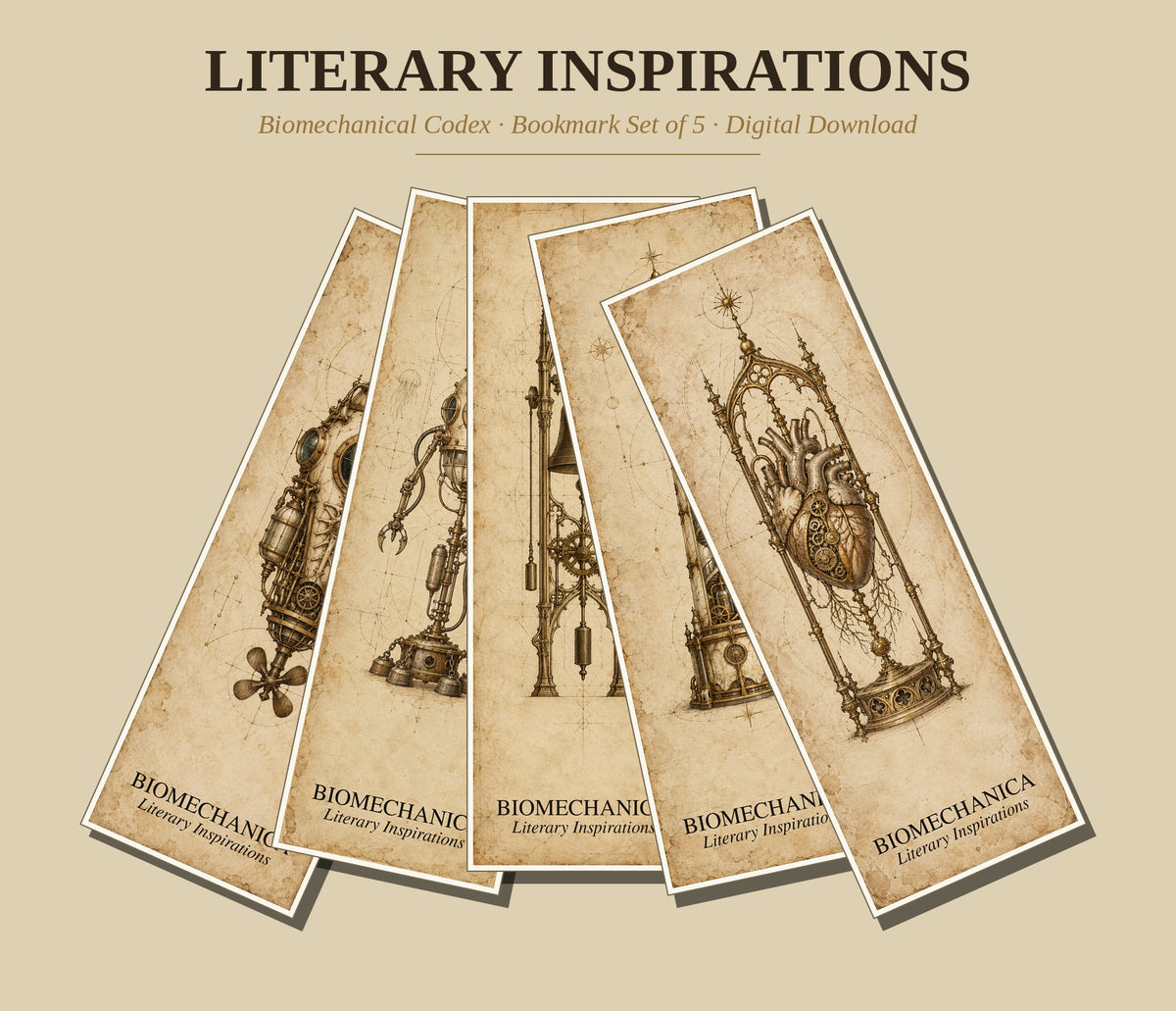 Literary Inspirations Printable Bookmarks | Biomechanical Codex Dark Academia | Digital Download | Book Lover Gift
