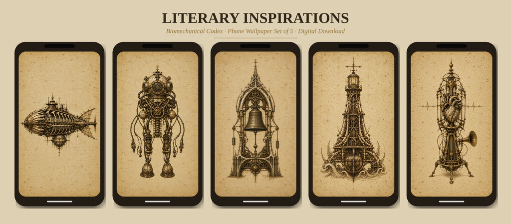 Literary Inspirations Phone Wallpaper Bundle | Biomechanical Codex Lock Screen | Dark Academia Digital Download