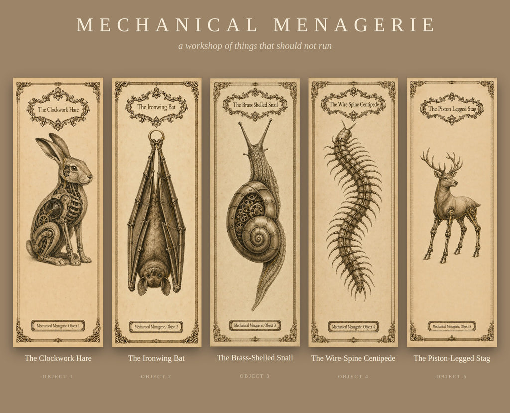Mechanical Menagerie Printable Bookmark Set | Steampunk Clockwork Specimen | Instant Digital Download | Book Lover Gift
