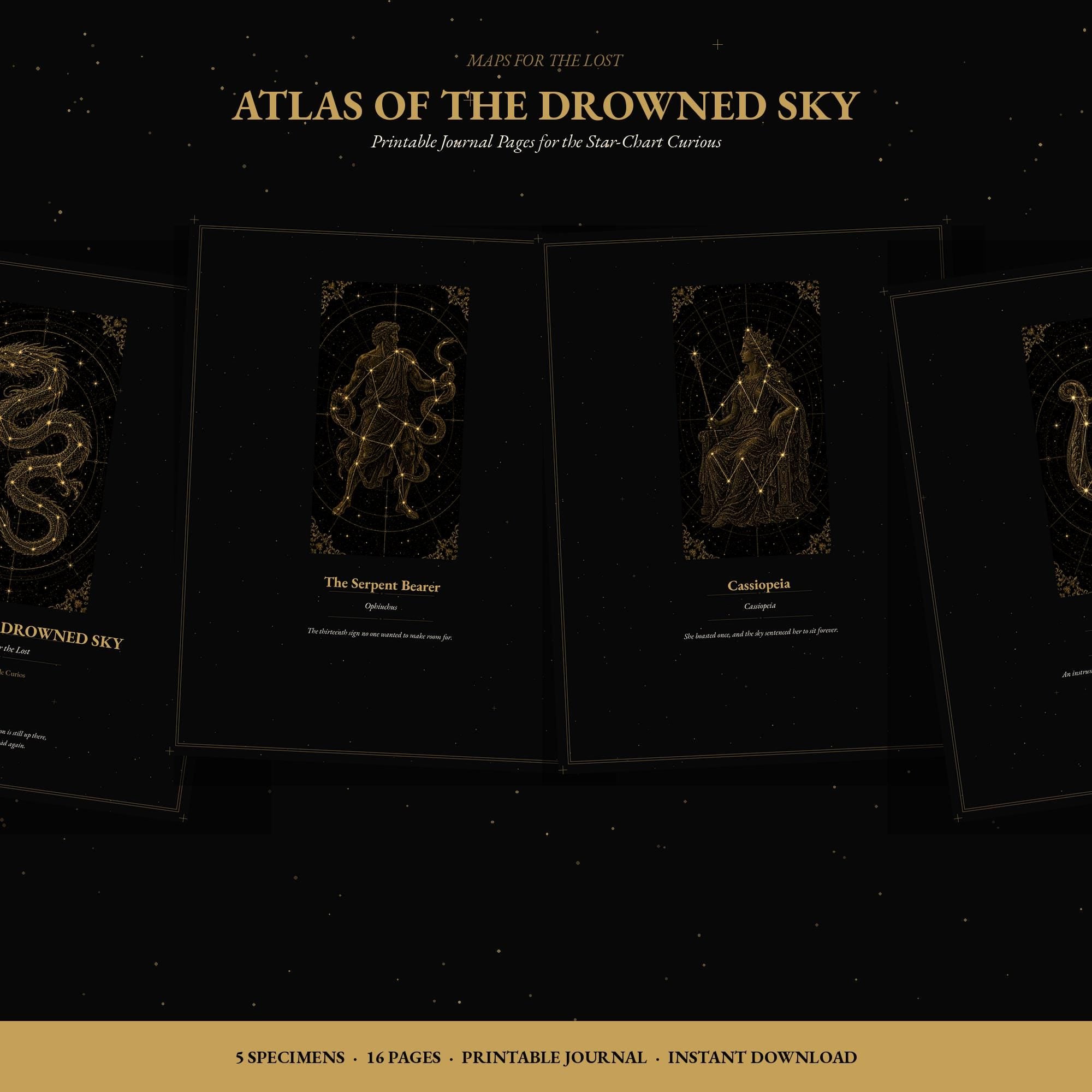 Atlas of the Drowned Sky Printable Journal Pages | Dark Academia Constellation Inserts | Gold Lined Dot Grid | Digital Download