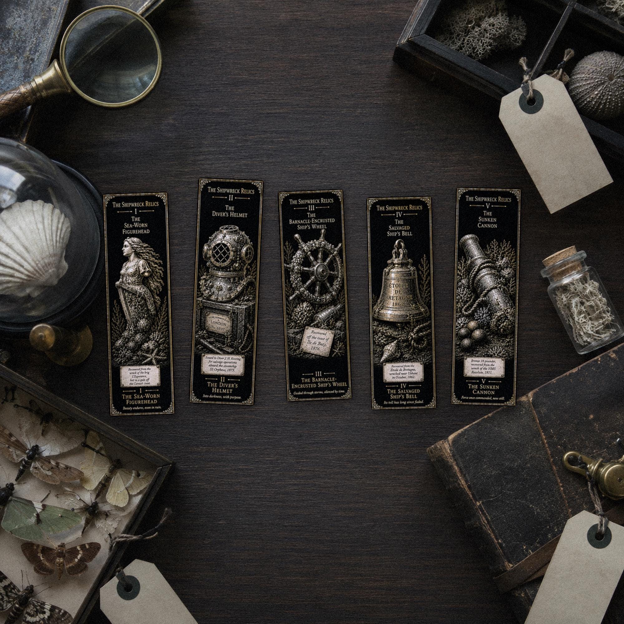 The Shipwreck Relics Bookmark | Dark Academia Set of 5 | Standard or Magnetic | Gothic Cabinet of Curiosities