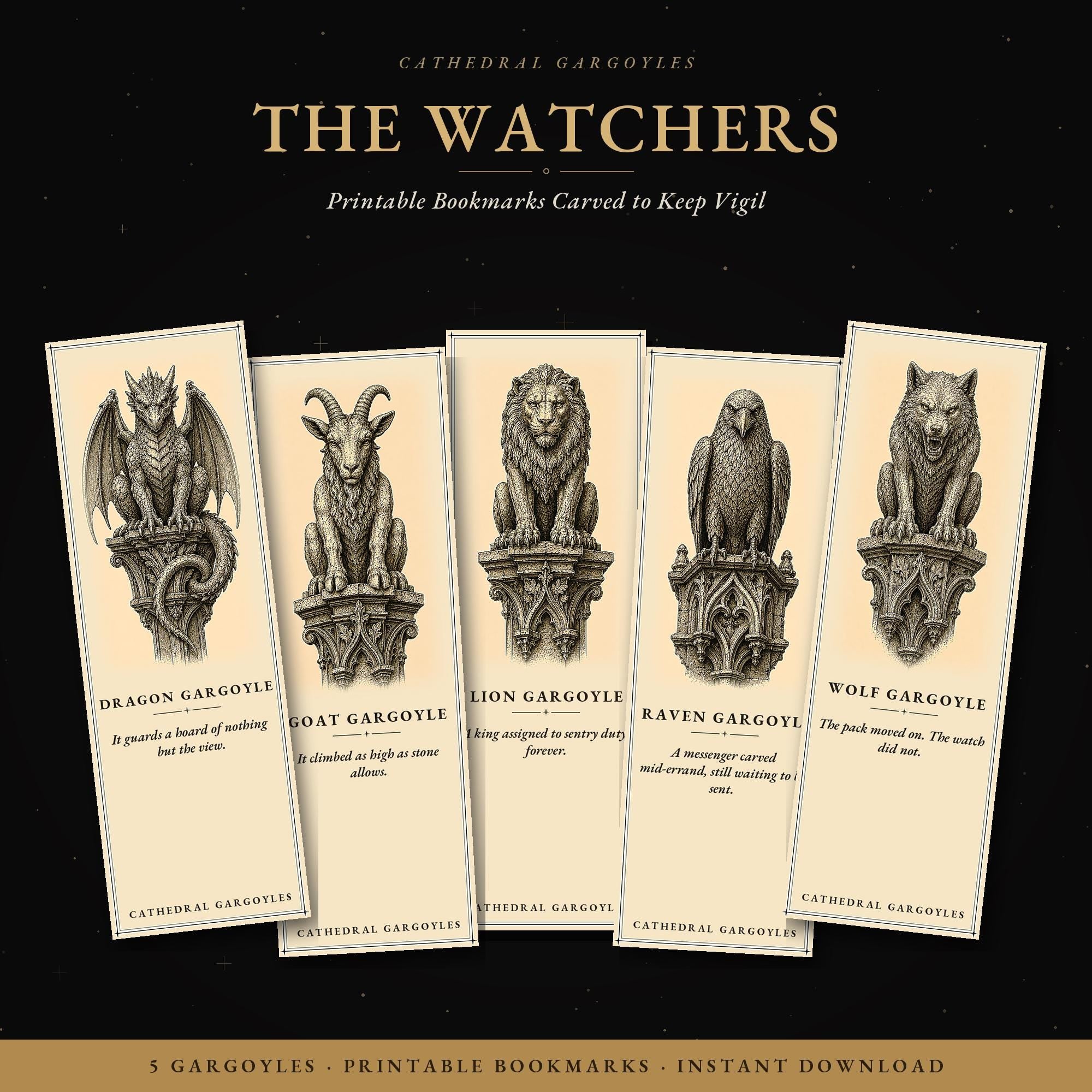 Cathedral Gargoyles The Watchers Printable Bookmarks | Dark Academia Gothic Bookmark Set | Digital Download Print & Cut