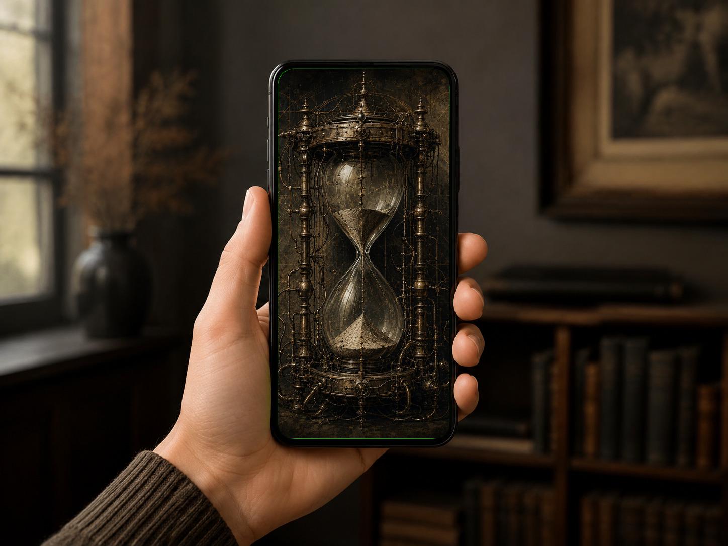 Hourglass, Biomechanical Phone Wallpaper | Dark Academia Lock Screen | Steampunk Sci-Fi Digital Download