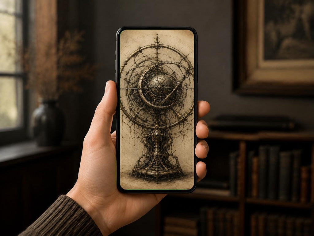 Armillary Sphere, Biomechanical Phone Wallpaper | Dark Academia Lock Screen | Gothic Surreal Digital Art | Brass Anatomy Engine