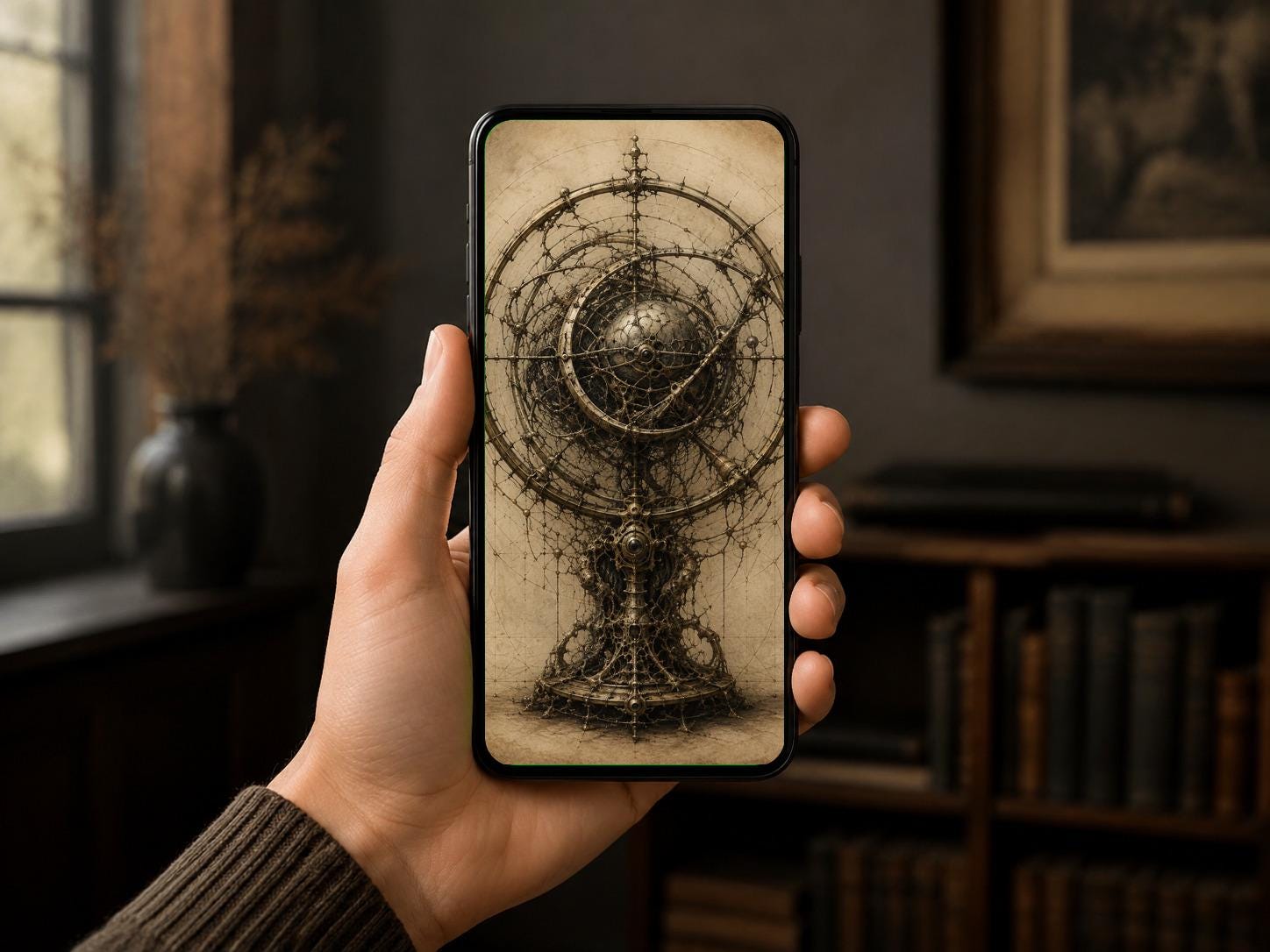 Armillary Sphere, Biomechanical Phone Wallpaper | Dark Academia Lock Screen | Gothic Surreal Digital Art | Brass Anatomy Engine