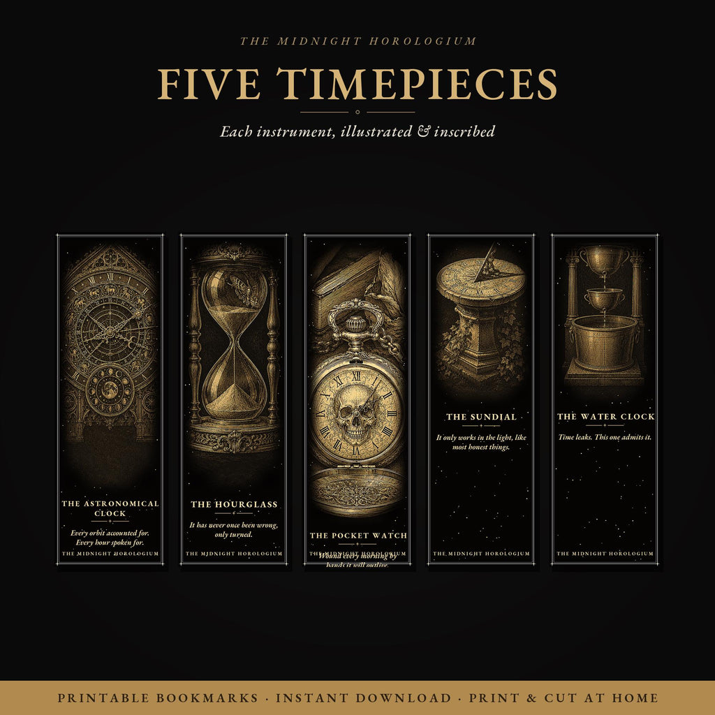 The Midnight Horologium Printable Bookmarks | Dark Academia Gothic Bookmark Set | Memento Mori Digital Download