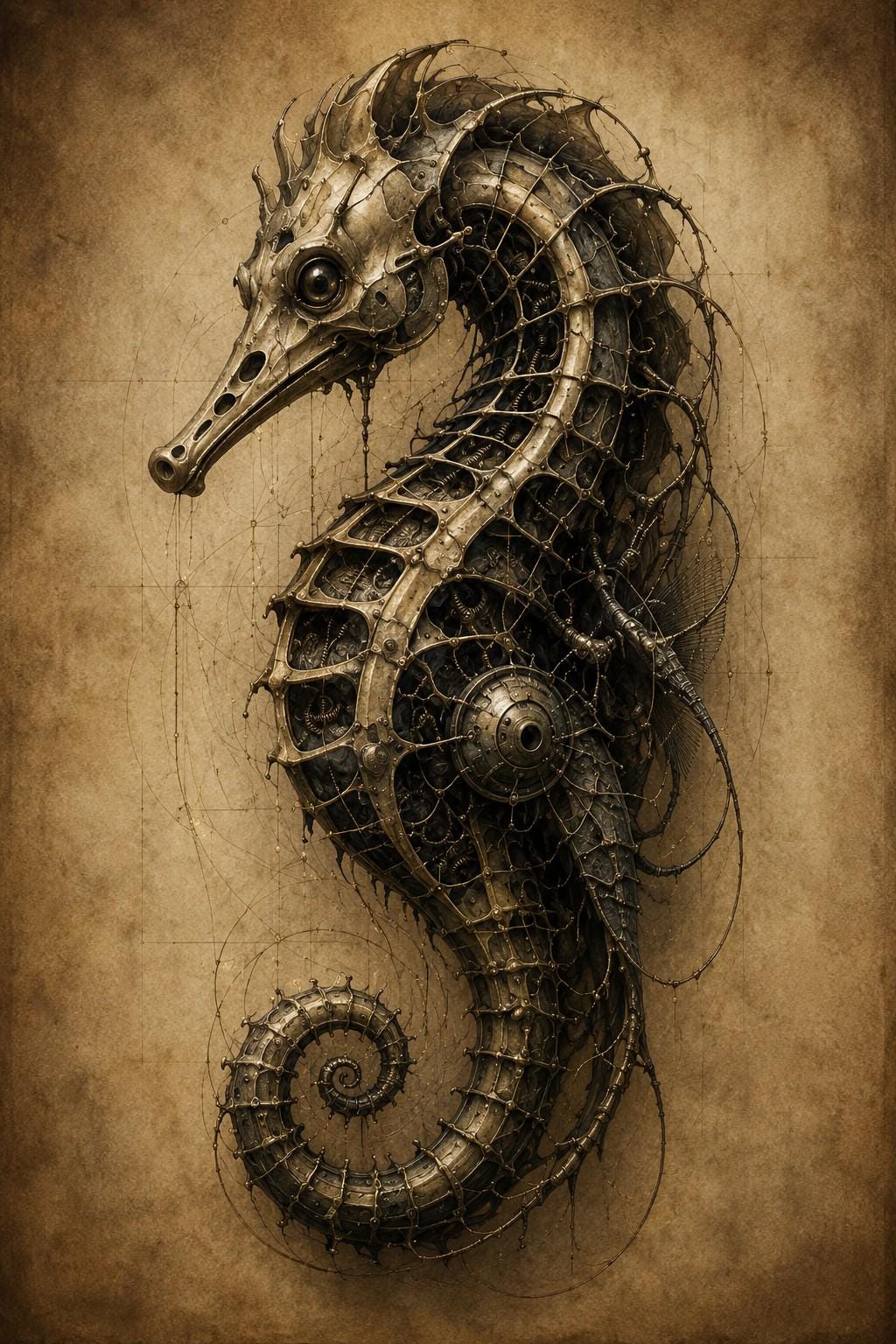 Seahorse, Biomechanical Specimen | Dark Academia Surreal | Lock Screen Wallpaper | Steampunk Anatomy | Instant Digital Download