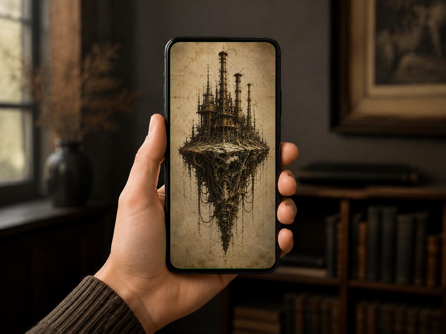 Spires V - Biomechanical Wallpaper | Dark Academia Lock Screen | Surreal Anatomy Engine | Gothic Sci-Fi Digital Download