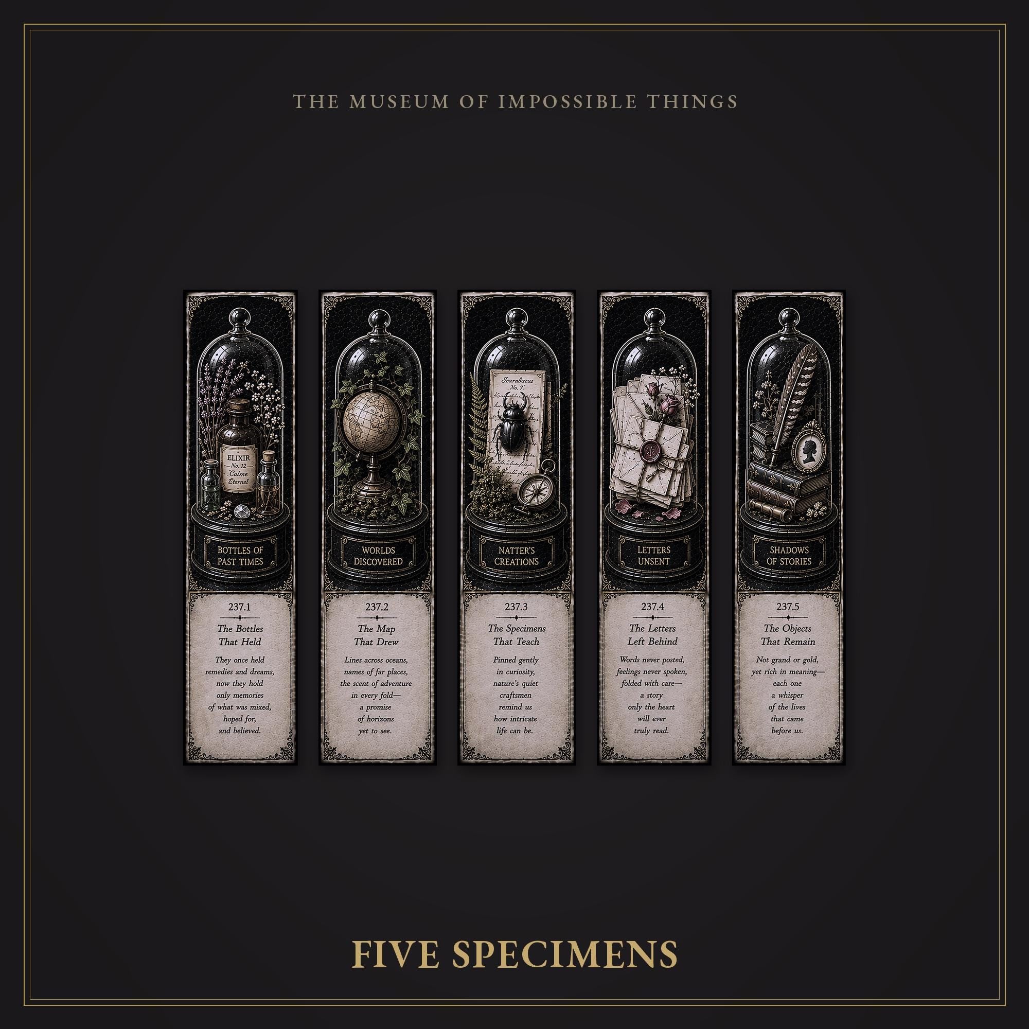 Curiosities Collected Bookmark | Dark Academia Set of 5 | Standard or Magnetic | Gothic Cabinet of Curiosities