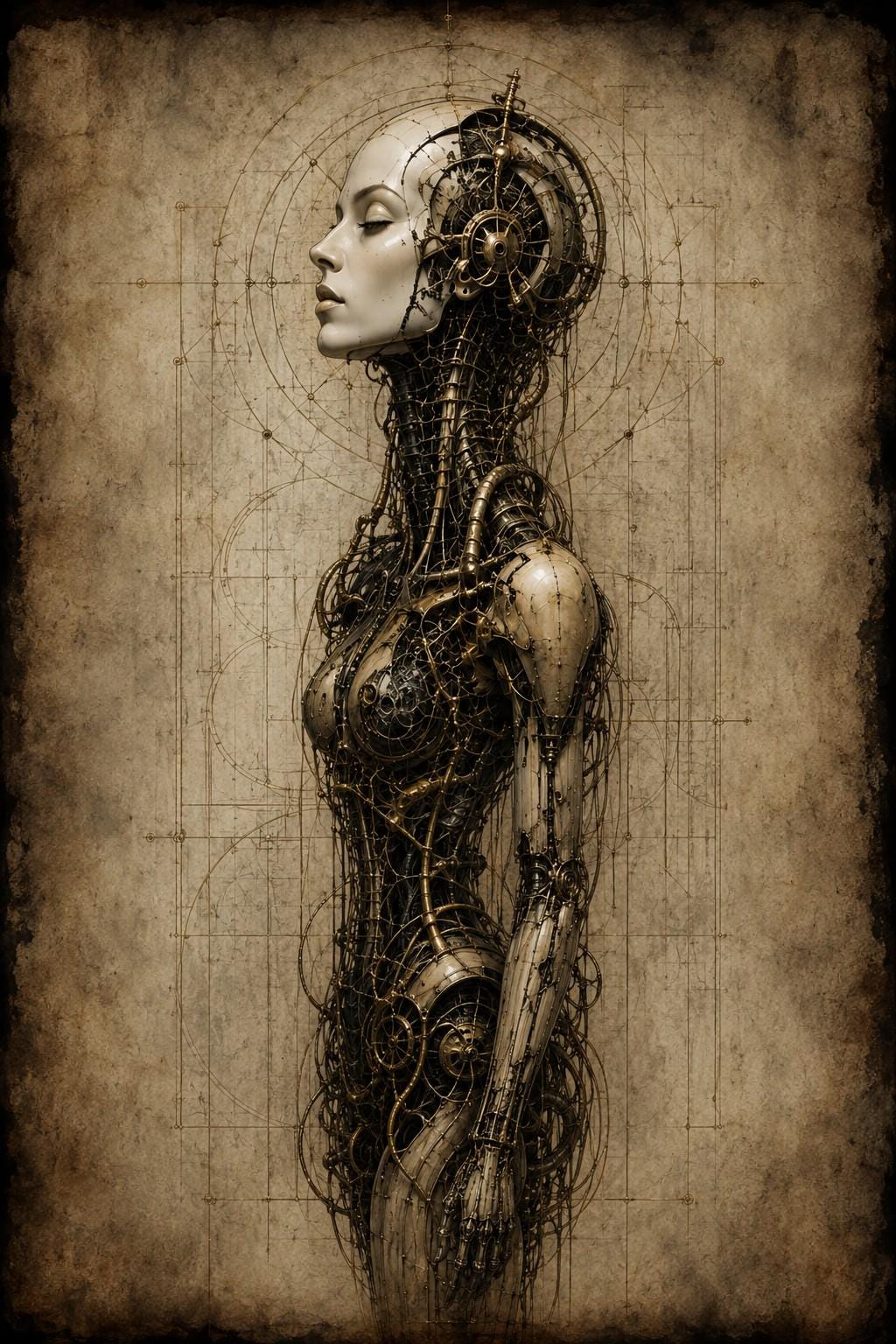 Cyborg Woman Full Profile | Biomechanical Dark Academia Wallpaper, Gothic Surreal Phone Art, Instant Digital Download