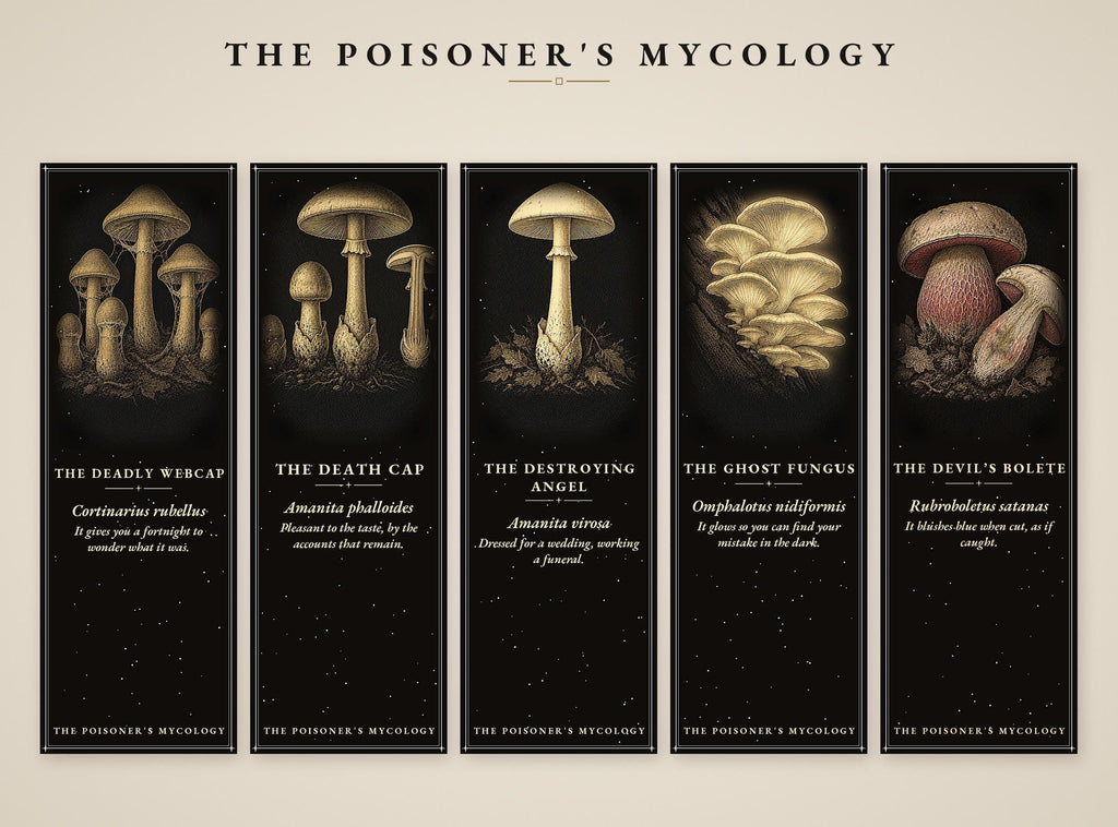 The Poisoner's Mycology Bookmark, Dark Academia Fungi | Gold Illustration | Magnetic Or Standard Page Marker