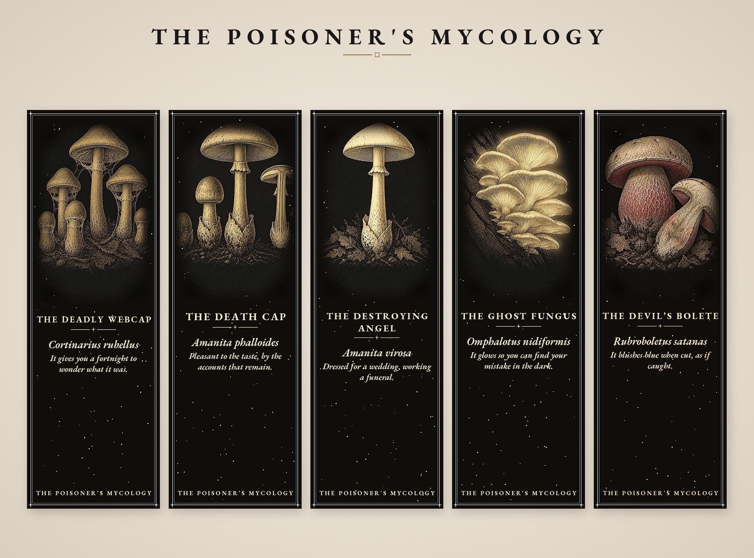 The Poisoner's Mycology Bookmark, Dark Academia Fungi | Gold Illustration | Magnetic Or Standard Page Marker