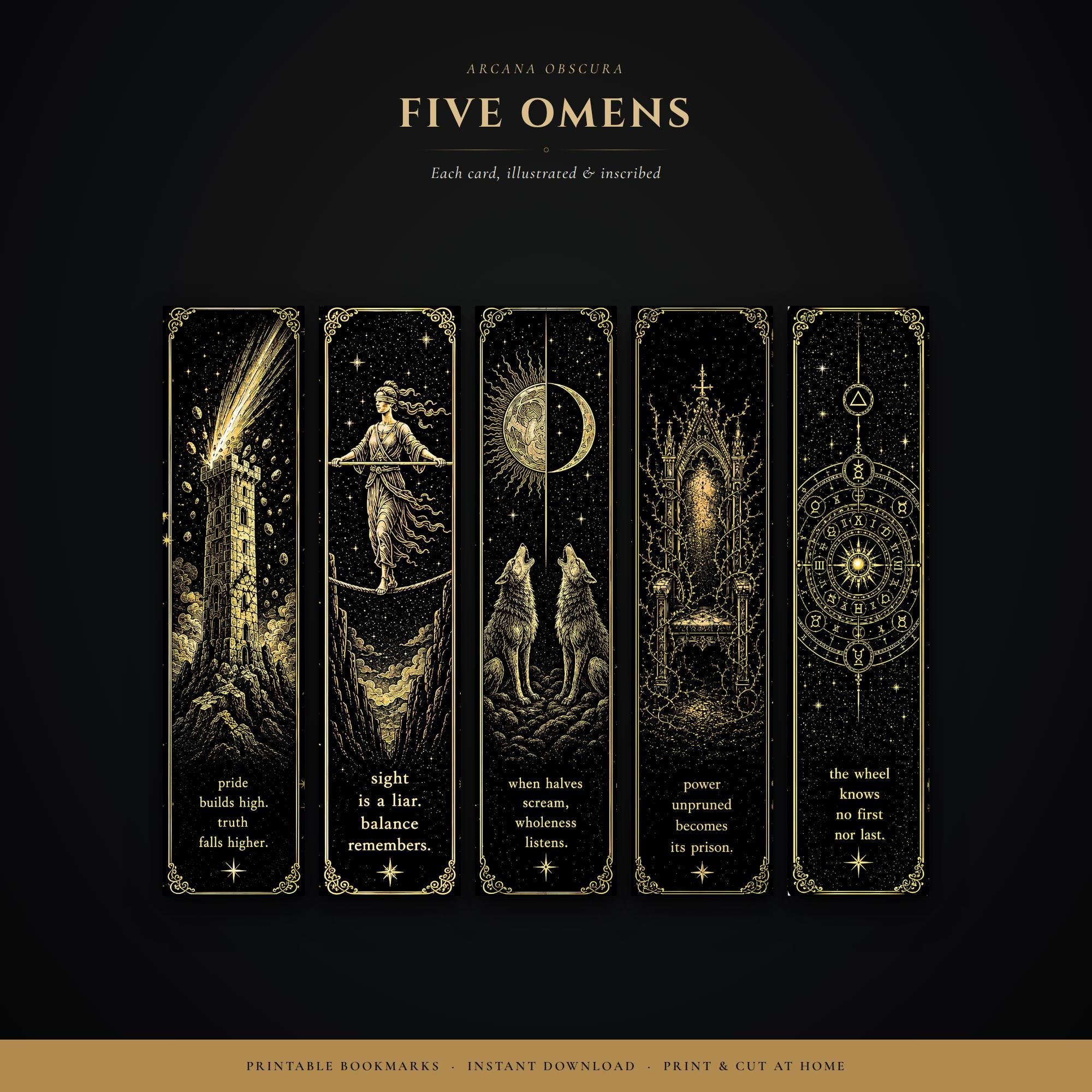 Arcana Obscura Tarot Bookmarks | Dark Academia Printable | Gold & Black Occult | Digital Download | Witchy Page Markers