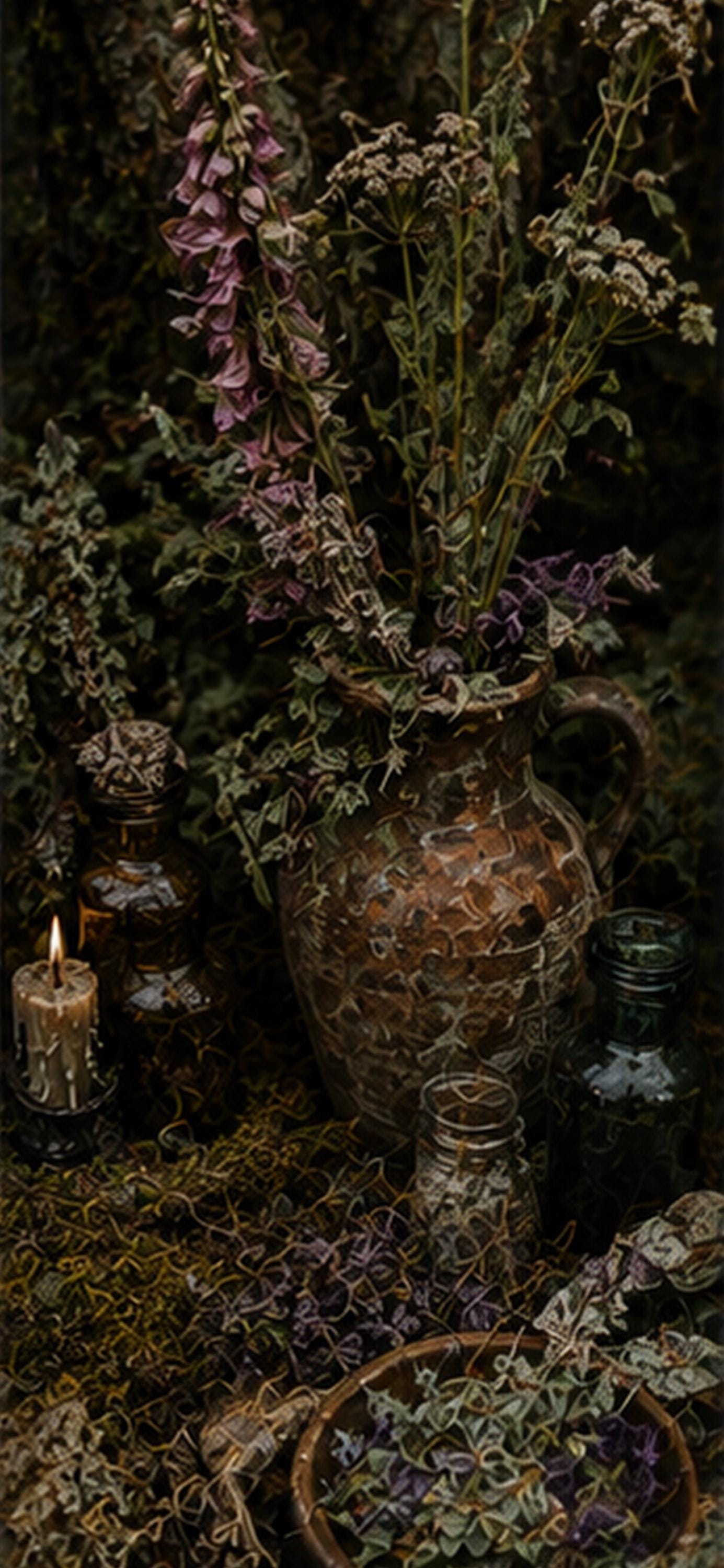 Witchy Botanicals Phone Wallpaper Bundle | Dark Cottagecore Lock Screen, Dried Herbs, Herbal Digital Art