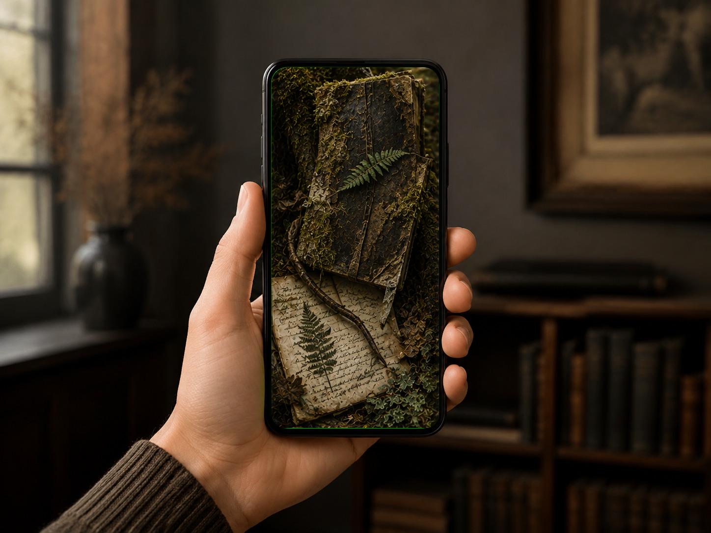Lost Library Phone Wallpaper Bundle, Goblincore Woodland Lock Screen | Gothic Botanical Art | Dark Cottagecore Digital Download