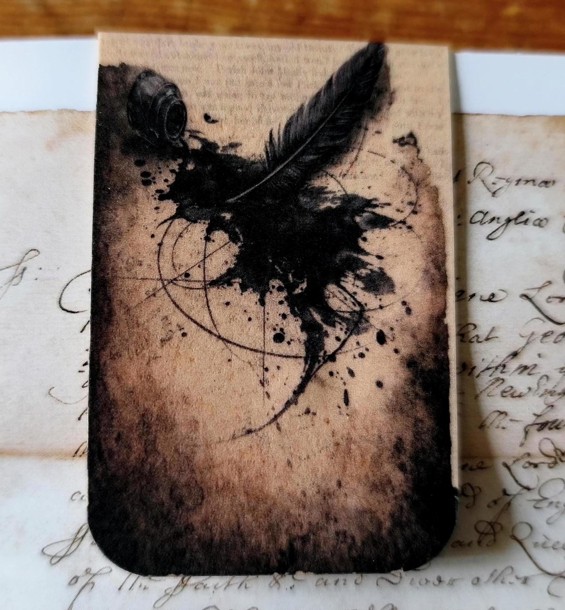 Ink Feather Magnetic Bookmark, Dark Academia Gothic | Expressive Black Ink Illustration | Double-Sided Page Marker | Literary Gift