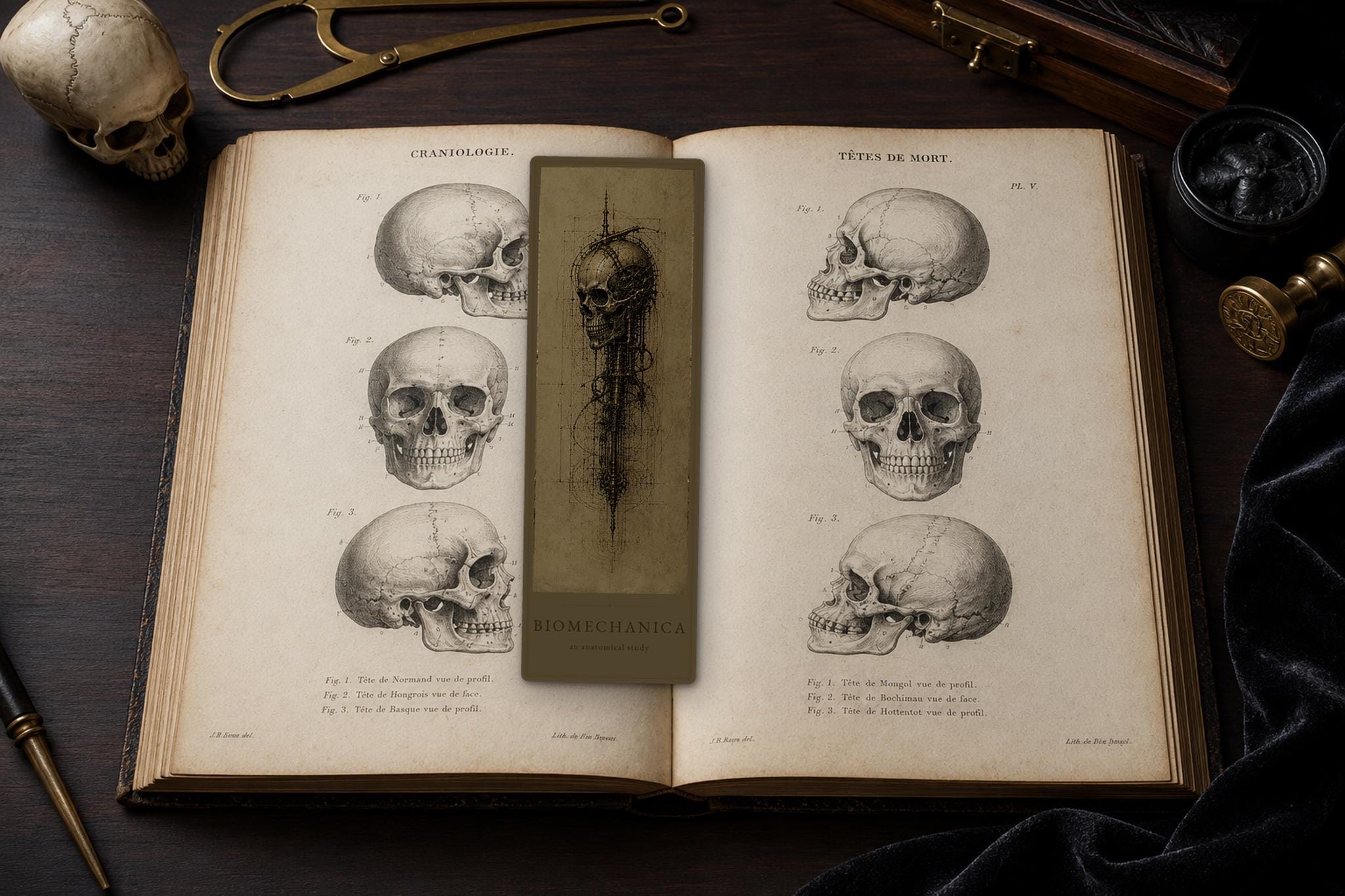 Skulls Biomechanical Bookmark Set | Anatomical Cyborg Art Page Markers | Dark Academia Sci-Fi Goth Gift, Magnetic Double-Sided Marker