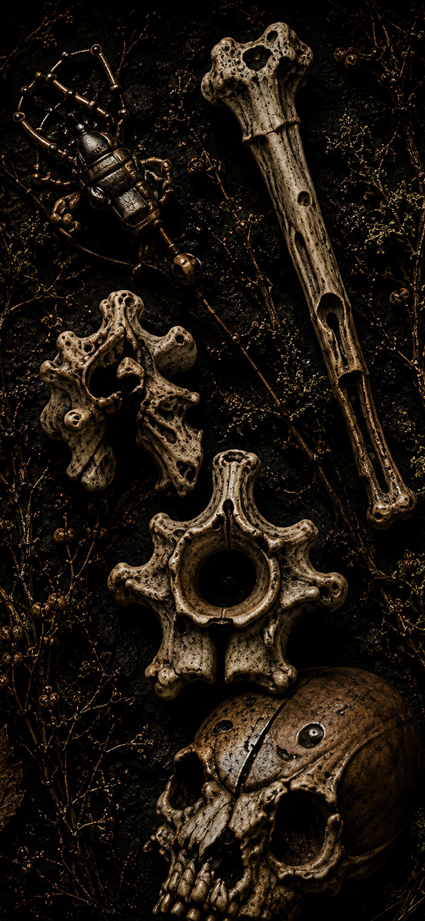The Bone Garden Phone Wallpaper, Dark Goblincore Lock Screen | Moss And Bones Digital Art | iPhone And Android Set