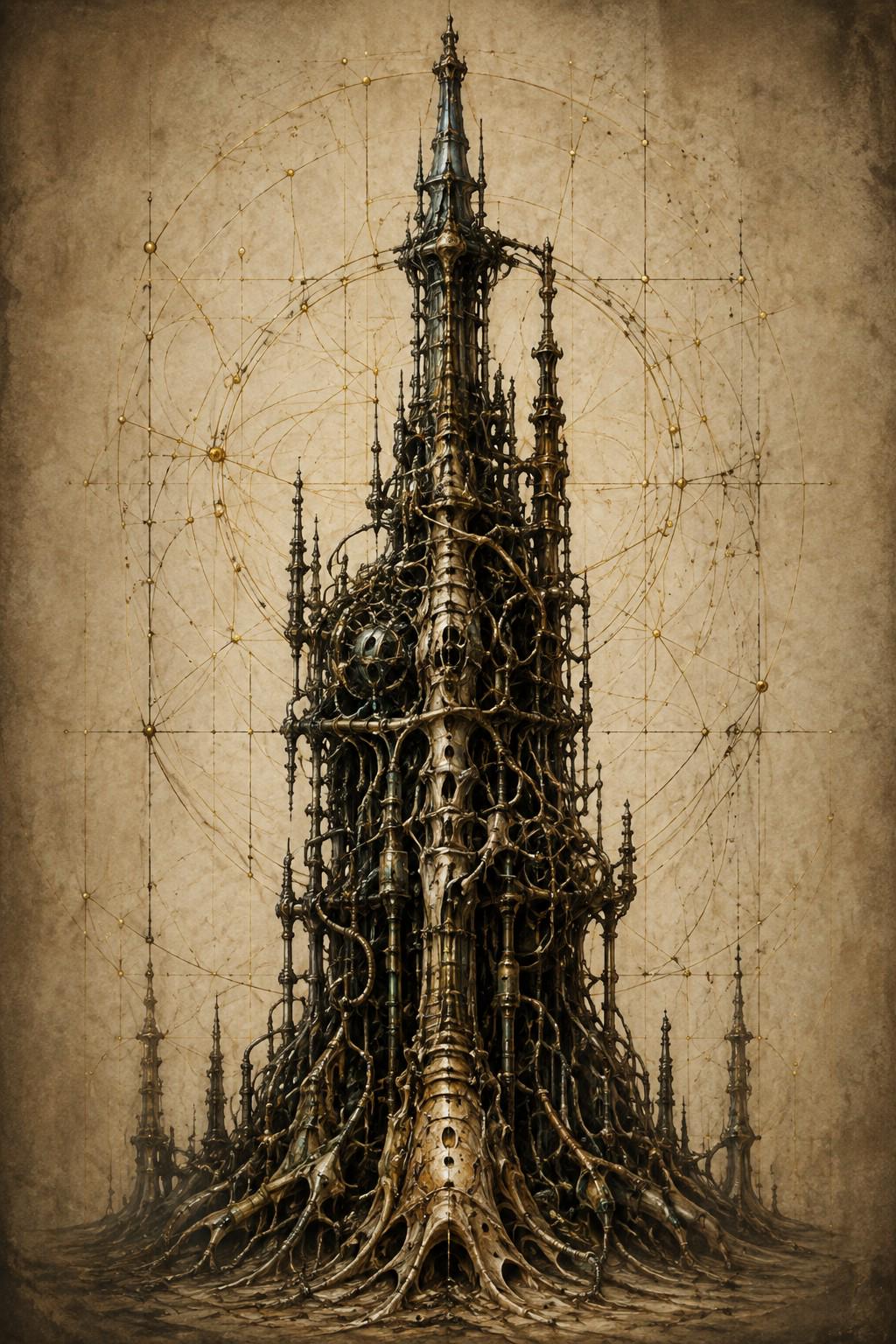 Tower II | Biomechanical Lock Screen, Dark Academia Surreal Anatomy | Gothic Sci-Fi Wallpaper | Brass Machinery Art Download