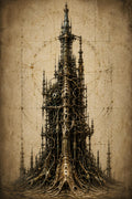 Tower II | Biomechanical Lock Screen, Dark Academia Surreal Anatomy | Gothic Sci-Fi Wallpaper | Brass Machinery Art Download