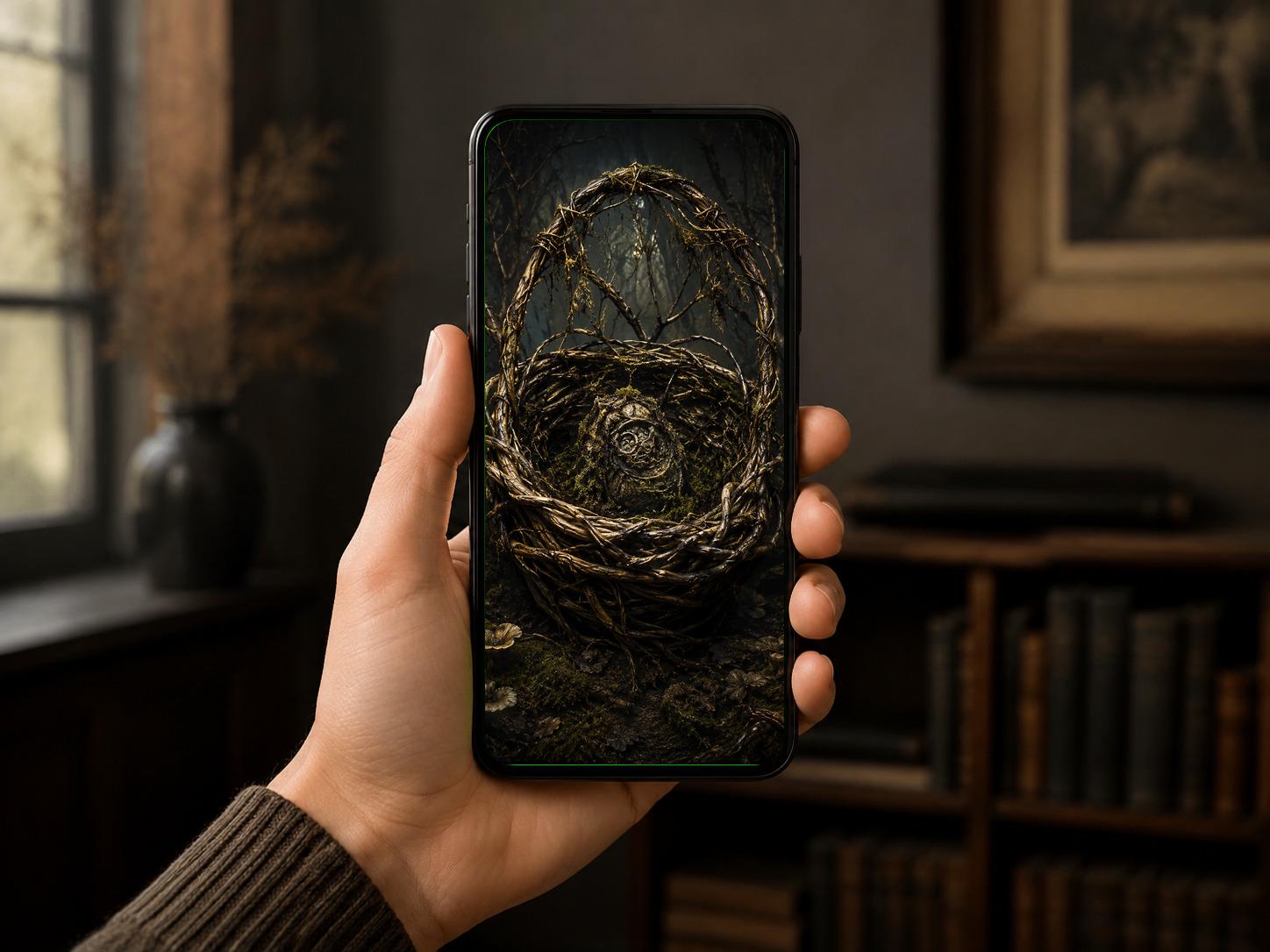 The Drowned Path Phone Wallpaper | Dark Goblincore Lock Screen, Swamp Lanterns | Fantasy Digital Download Set