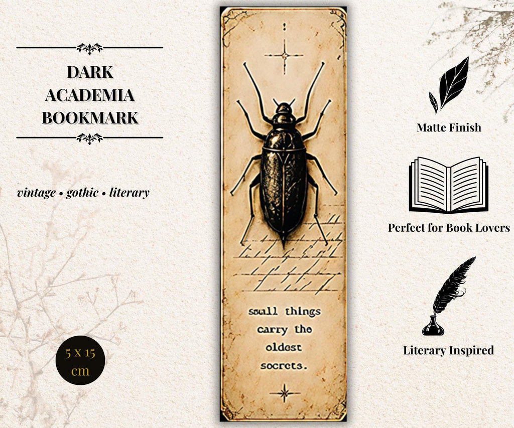 Gothic Academia Bookmark | Beetle Moon Skull, Black Gold Occult Symbolism, Dark Reader Gift