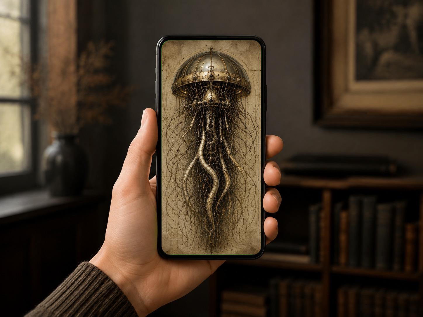 Jellyfish IV, Biomechanical Specimen | Dark Surreal Phone Wallpaper | Gothic Lock Screen | Brass Anatomy Digital Download