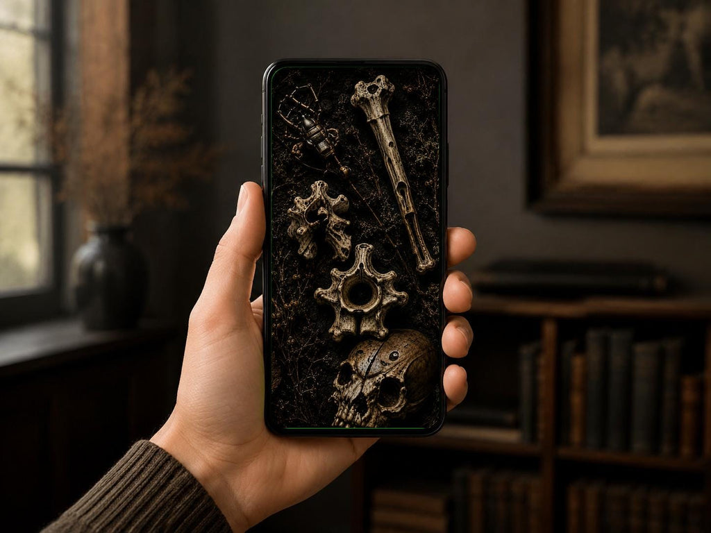 The Bone Garden Phone Wallpaper, Dark Goblincore Lock Screen | Moss And Bones Digital Art | iPhone And Android Set