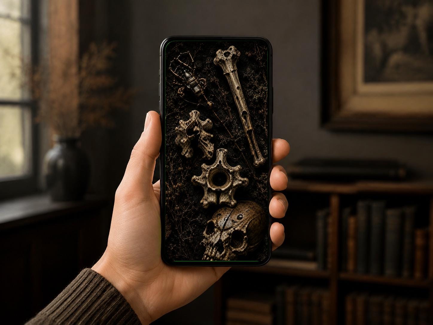 The Bone Garden Phone Wallpaper, Dark Goblincore Lock Screen | Moss And Bones Digital Art | iPhone And Android Set
