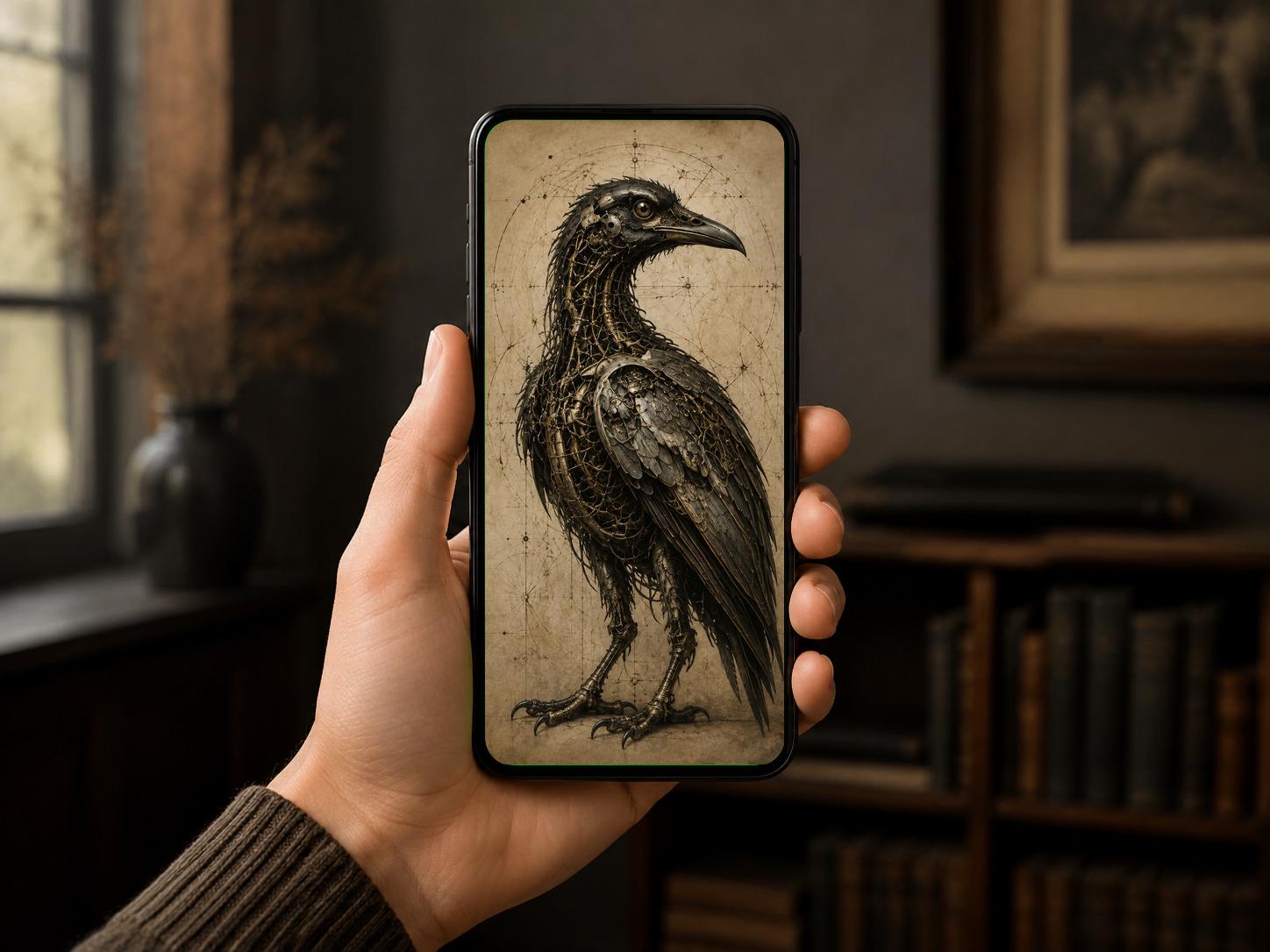 Raven II Biomechanical Phone Wallpaper | Dark Academia Lock Screen | Brass Bone Machinery | Surreal Gothic Digital Art