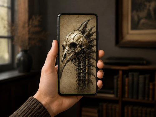 Biomechanical Bird Skull III: Dark Academia Lock Screen | Brass Bone Machinery Wallpaper, Surreal Gothic Sci-Fi Digital Download