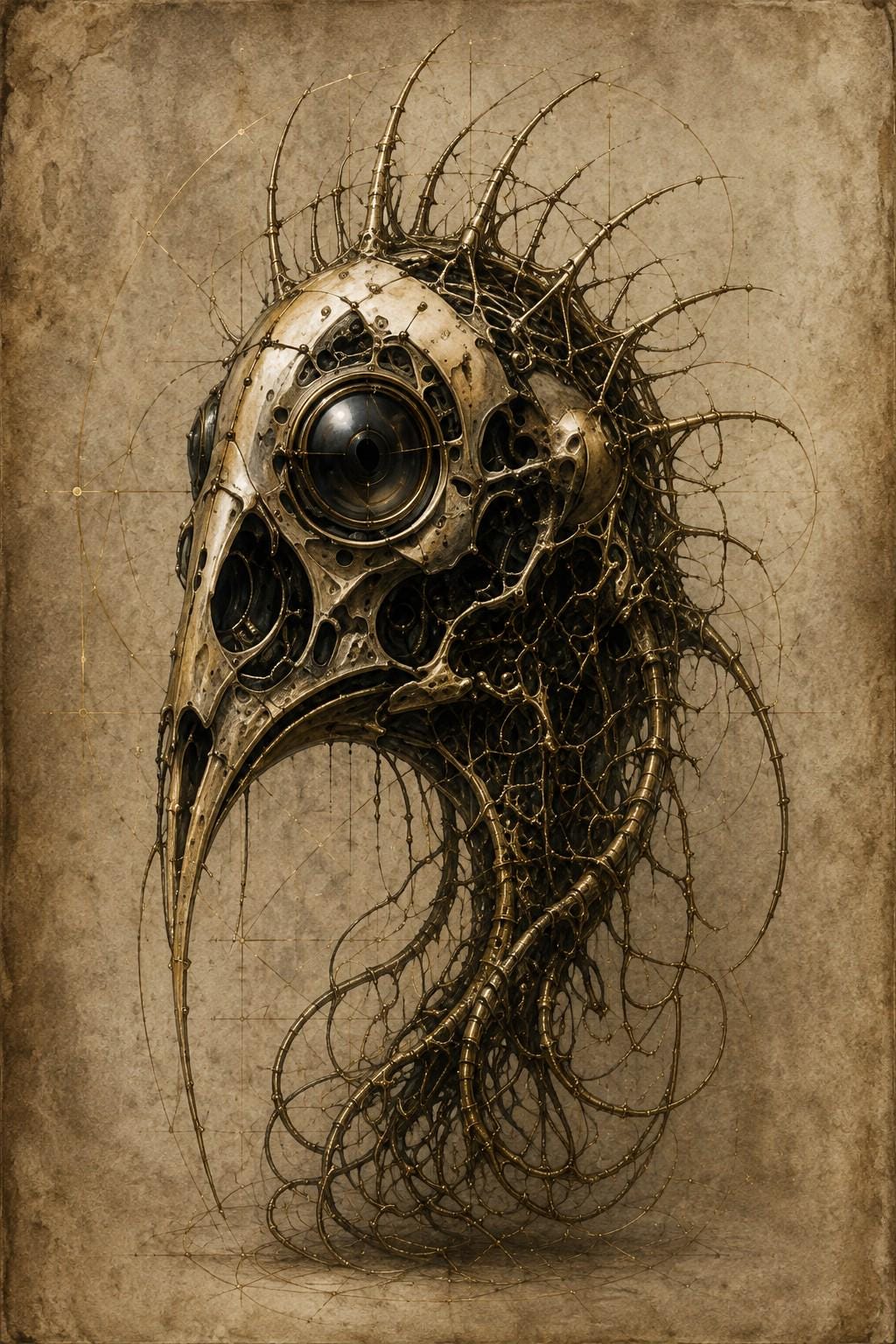 Biomechanical Bird Skull II: Dark Academia Lock Screen | Surreal Brass Bone Wallpaper | Gothic Sci-Fi Phone Art