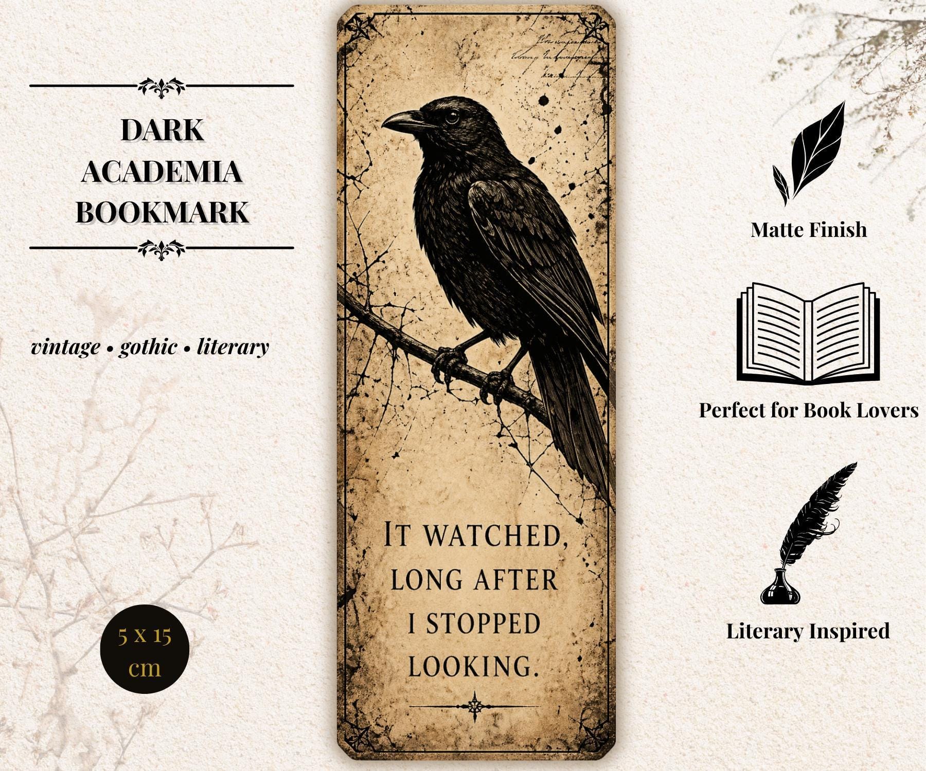 Dark Academia Bookmark, Gothic Raven Design | Vintage Literary Stationery | Ornate Key, Moth - Book Lover Gift