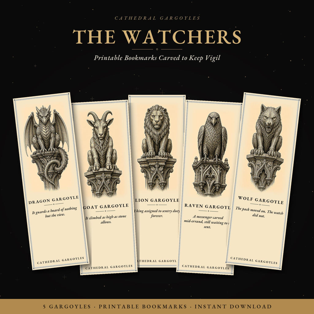 Cathedral Gargoyles The Watchers Printable Bookmarks | Dark Academia Gothic | Fantasy Reader Gift | Aged Parchment Style | Digital Download