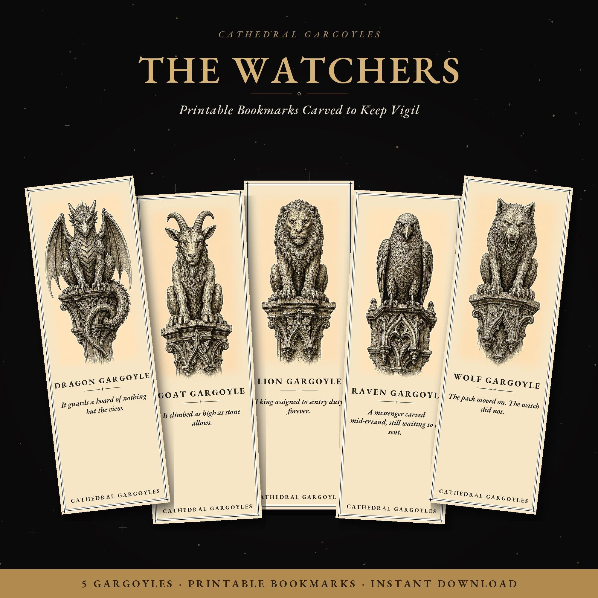 Cathedral Gargoyles The Watchers Printable Bookmarks | Dark Academia Gothic | Fantasy Reader Gift | Aged Parchment Style | Digital Download