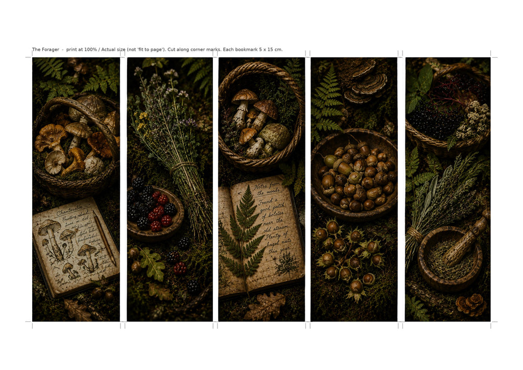 The Forager - Goblincore Bookmarks | Woodland Botanical, Edible Mushrooms, Forager Art, Digital Download