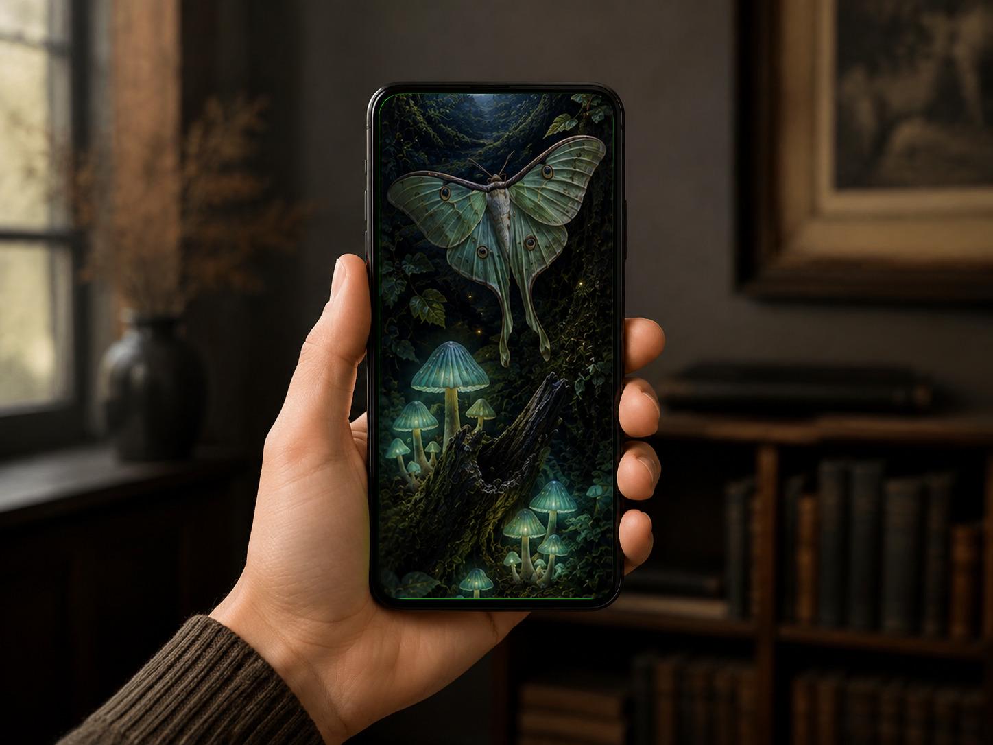 Moonlit Forest Phone Wallpaper Bundle | Goblincore Lock Screen, Luna Moth Design | Dark Cottagecore Woodland Aesthetic, Digital Download