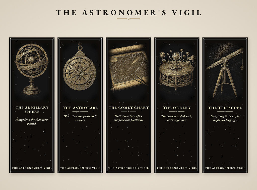 The Astronomer's Vigil Printable Bookmarks | Dark Academia Celestial Art | Gold On Black | Literary Gift | Digital Download