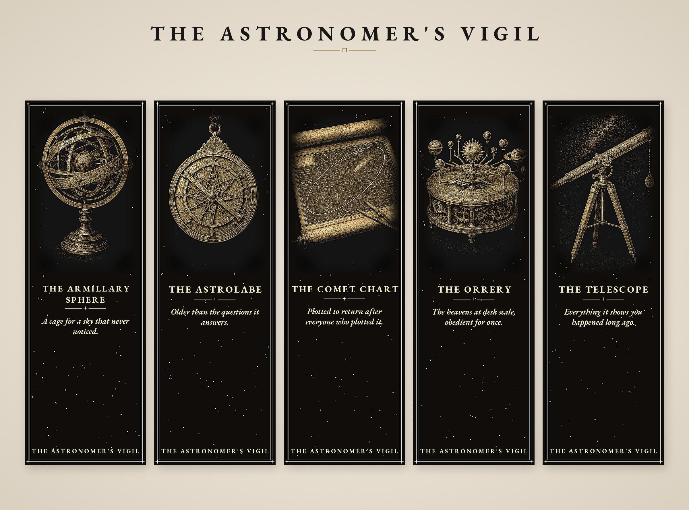 The Astronomer's Vigil Printable Bookmarks | Dark Academia Celestial Art | Gold On Black | Literary Gift | Digital Download
