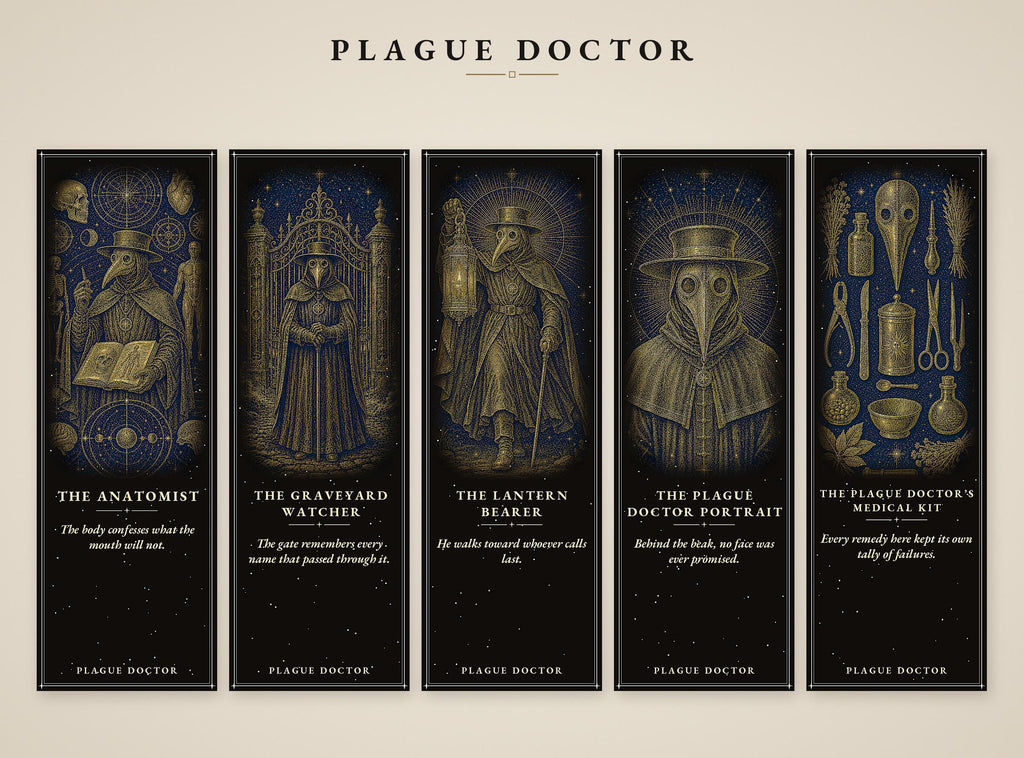 Plague Doctor Printable Bookmarks, Dark Academia Gothic | Gold On Black | Occult Reader Gift | Digital Download