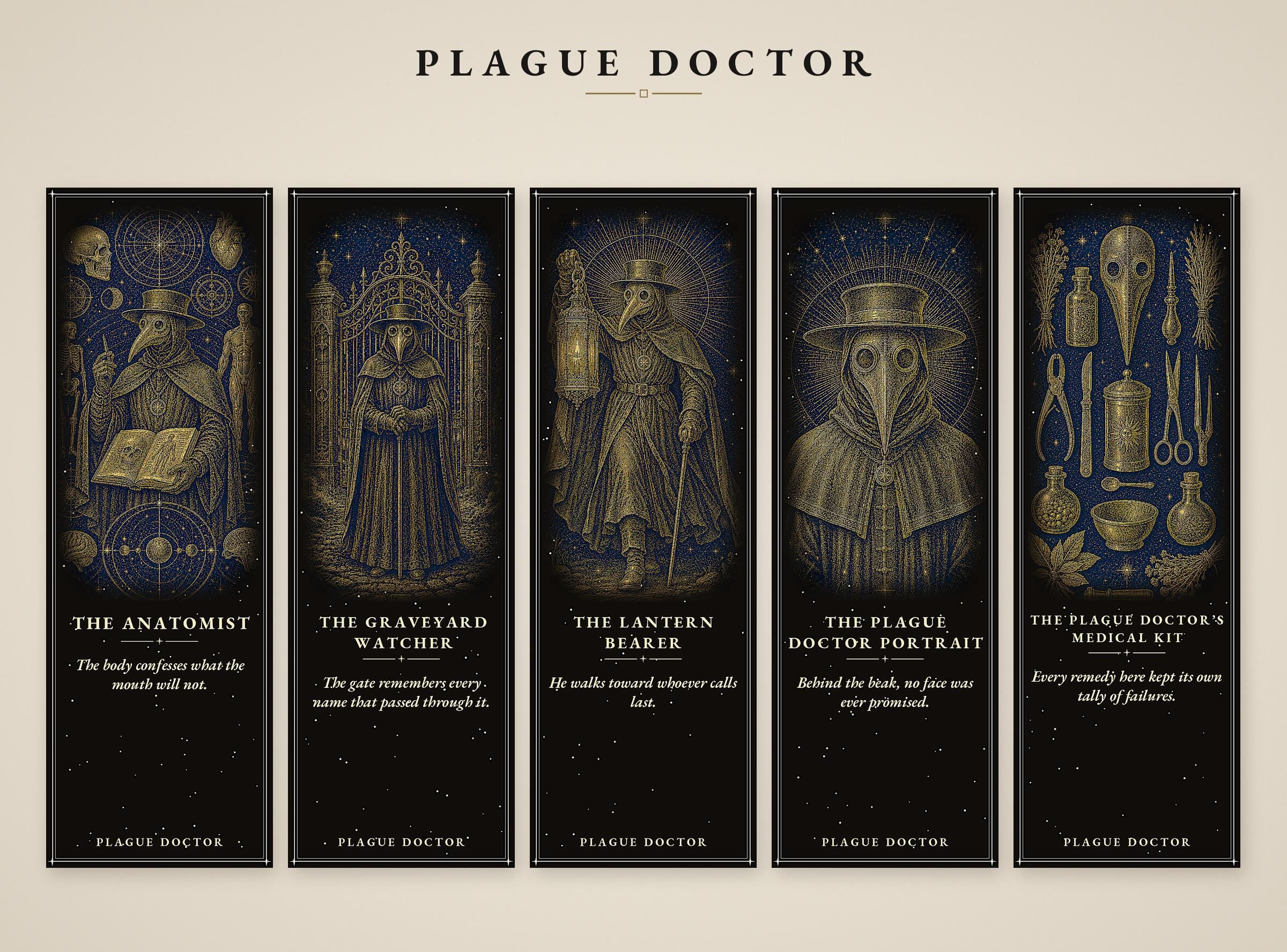 Plague Doctor Printable Bookmarks, Dark Academia Gothic | Gold On Black | Occult Reader Gift | Digital Download