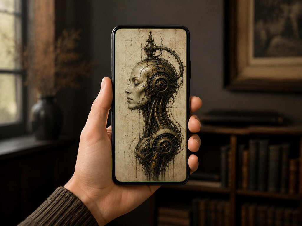 Cyborg Woman Head VII - Biomechanical Lock Screen | Dark Surreal Portrait, Steampunk Aesthetic | iPhone & Android Wallpaper