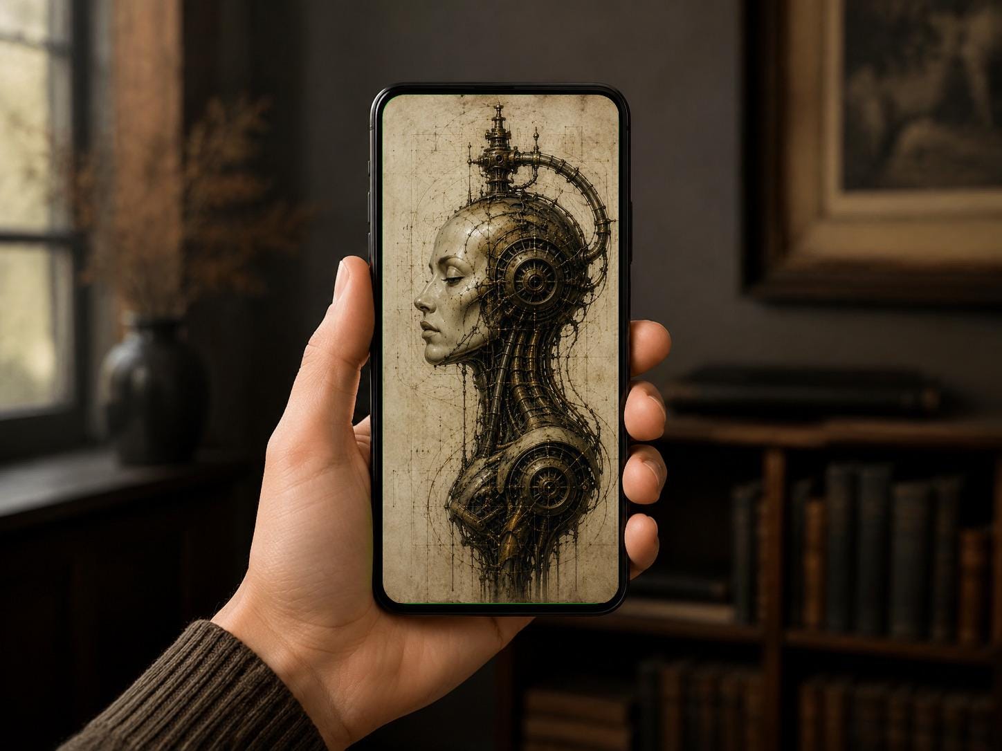 Cyborg Woman Head VII - Biomechanical Lock Screen | Dark Surreal Portrait, Steampunk Aesthetic | iPhone & Android Wallpaper