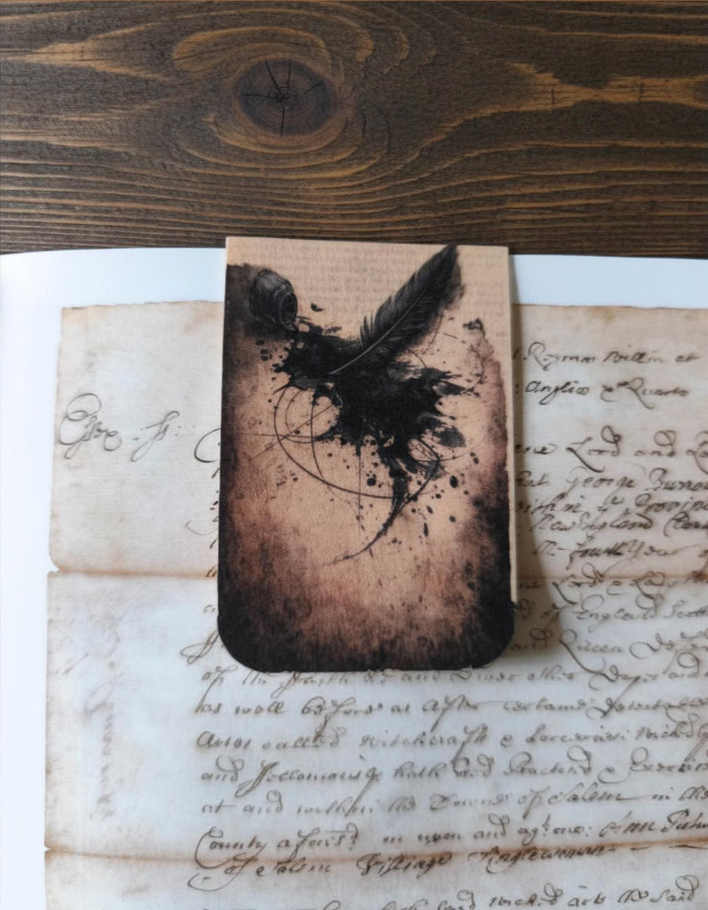 Ink Feather Magnetic Bookmark, Dark Academia Gothic | Expressive Black Ink Illustration | Double-Sided Page Marker | Literary Gift