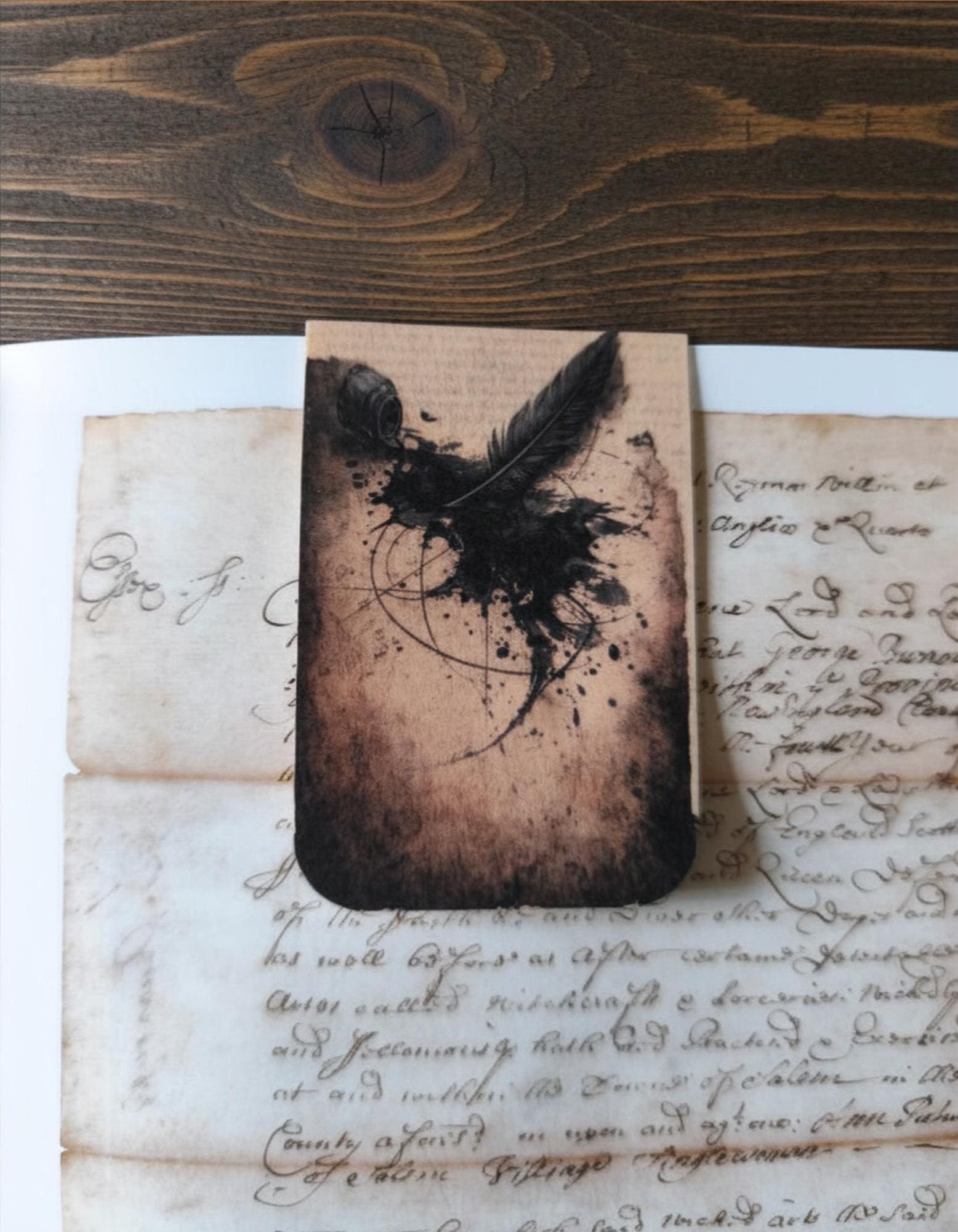 Ink Feather Magnetic Bookmark, Dark Academia Gothic | Expressive Black Ink Illustration | Double-Sided Page Marker | Literary Gift